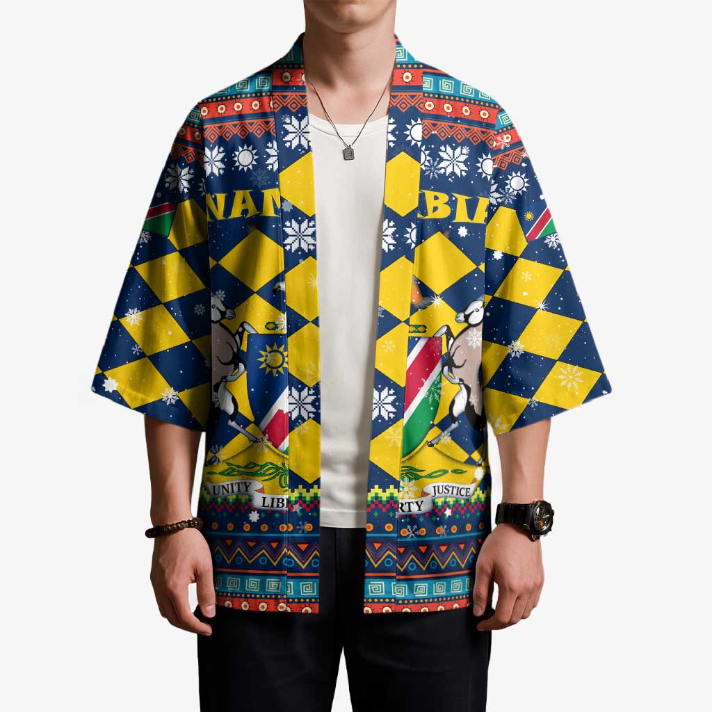 Namibia Christmas Kimono with Blue-Yellow Diamond Pattern, Coat of Arms, and Flag Map Motif - Wonder Print Shop