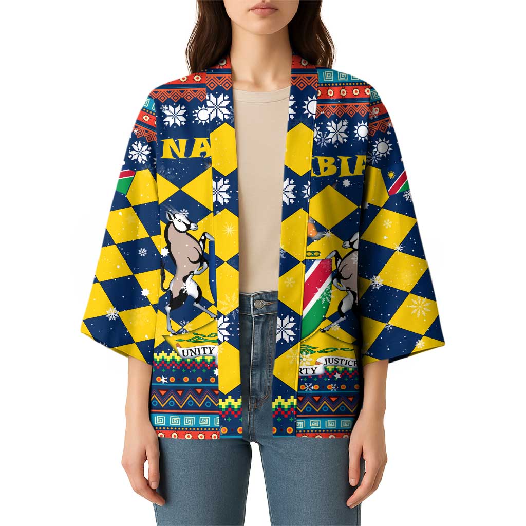 Namibia Christmas Kimono with Blue-Yellow Diamond Pattern, Coat of Arms, and Flag Map Motif - Wonder Print Shop