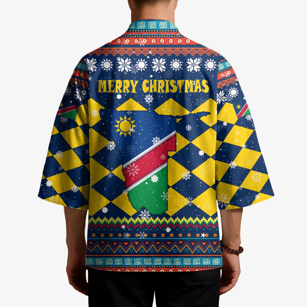 Namibia Christmas Kimono with Blue-Yellow Diamond Pattern, Coat of Arms, and Flag Map Motif - Wonder Print Shop