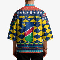 Namibia Christmas Kimono with Blue-Yellow Diamond Pattern, Coat of Arms, and Flag Map Motif - Wonder Print Shop