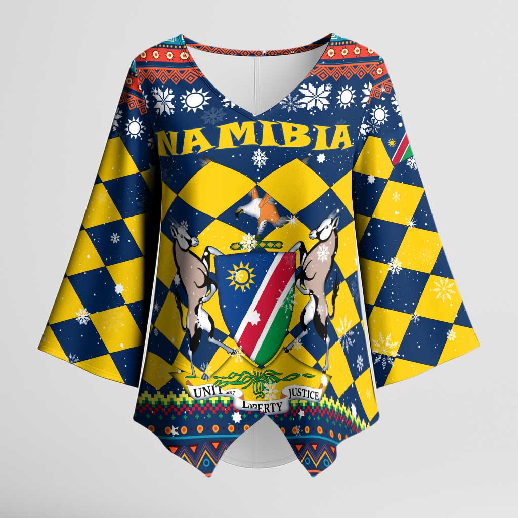 Namibia Christmas Kimono Sleeve Blouse with Blue-Yellow Diamond Pattern, Coat of Arms, and Flag Map Motif - Wonder Print Shop