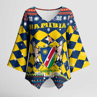 Namibia Christmas Kimono Sleeve Blouse with Blue-Yellow Diamond Pattern, Coat of Arms, and Flag Map Motif - Wonder Print Shop