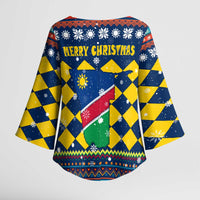 Namibia Christmas Kimono Sleeve Blouse with Blue-Yellow Diamond Pattern, Coat of Arms, and Flag Map Motif - Wonder Print Shop