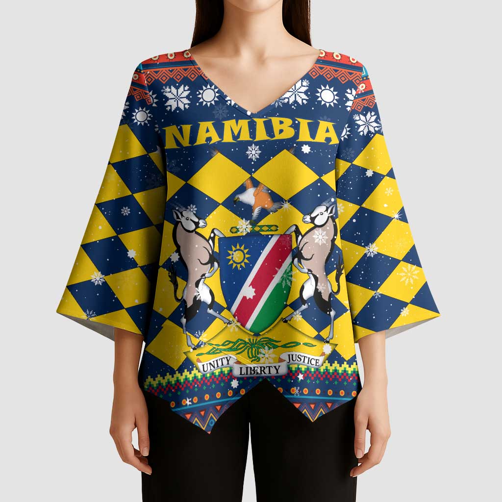 Namibia Christmas Kimono Sleeve Blouse with Blue-Yellow Diamond Pattern, Coat of Arms, and Flag Map Motif - Wonder Print Shop