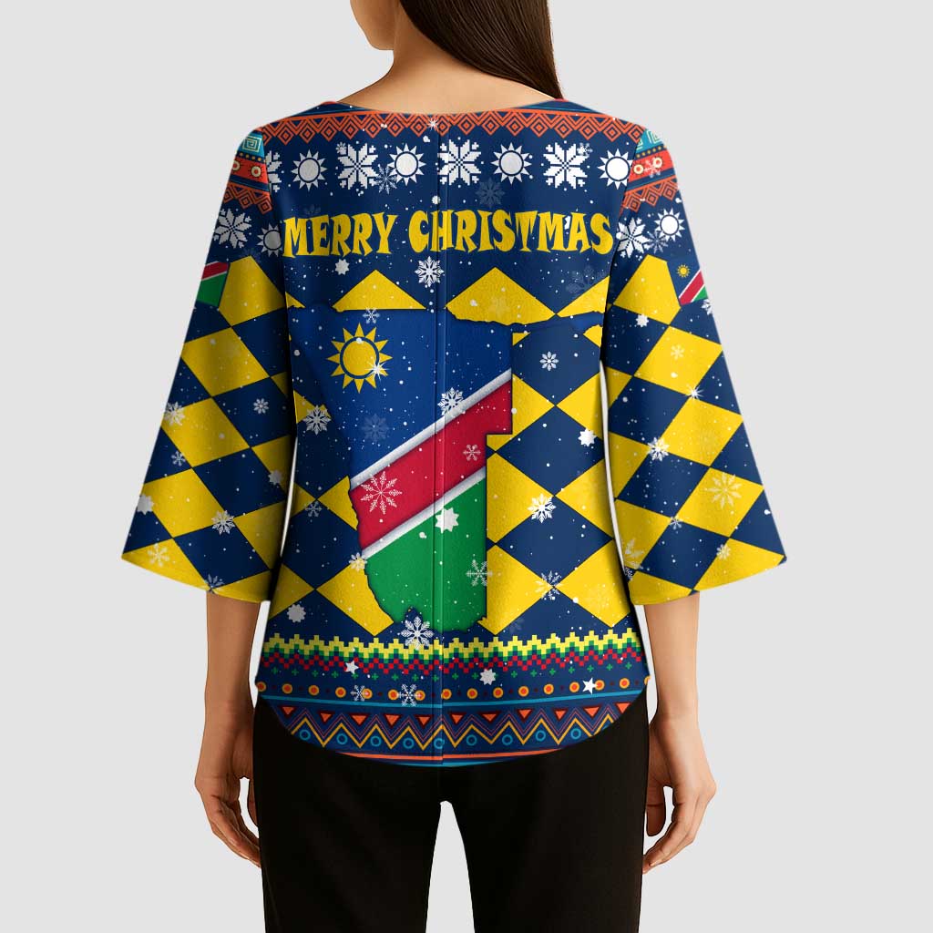 Namibia Christmas Kimono Sleeve Blouse with Blue-Yellow Diamond Pattern, Coat of Arms, and Flag Map Motif - Wonder Print Shop