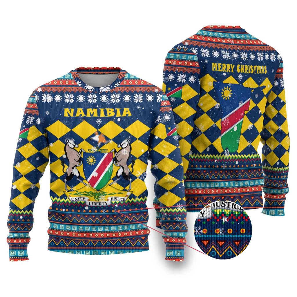 Namibia Christmas Ugly Christmas Sweater with Blue-Yellow Diamond Pattern, Coat of Arms, and Flag Map Motif - Wonder Print Shop