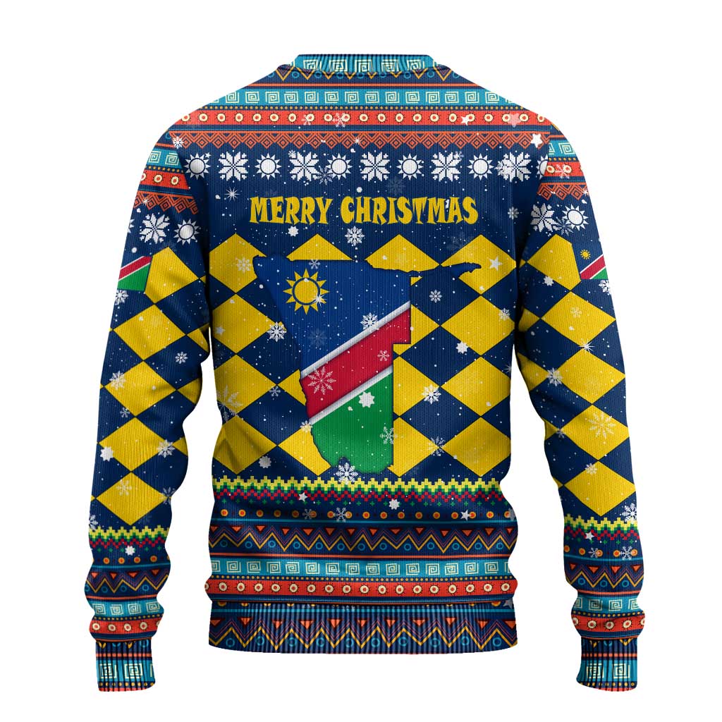 Namibia Christmas Ugly Christmas Sweater with Blue-Yellow Diamond Pattern, Coat of Arms, and Flag Map Motif - Wonder Print Shop