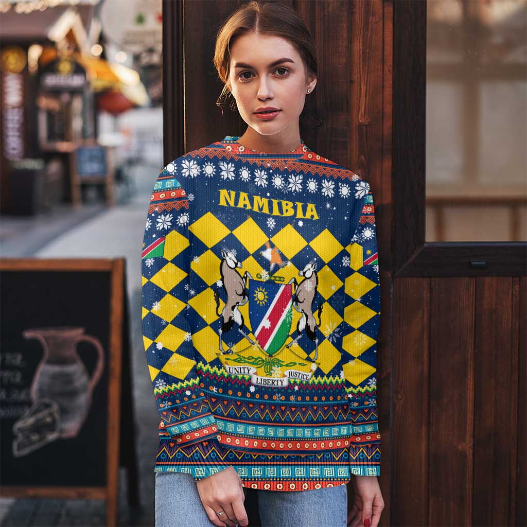 Namibia Christmas Ugly Christmas Sweater with Blue-Yellow Diamond Pattern, Coat of Arms, and Flag Map Motif - Wonder Print Shop