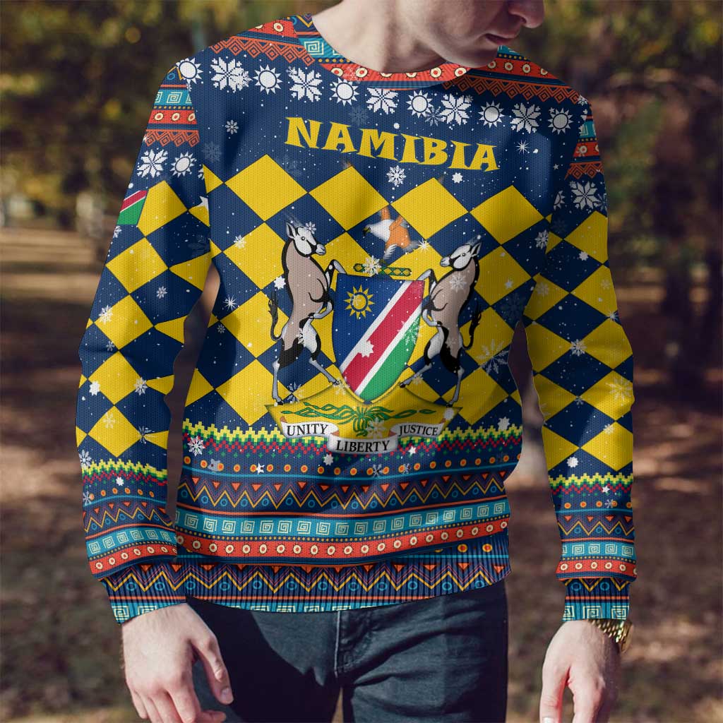Namibia Christmas Ugly Christmas Sweater with Blue-Yellow Diamond Pattern, Coat of Arms, and Flag Map Motif - Wonder Print Shop