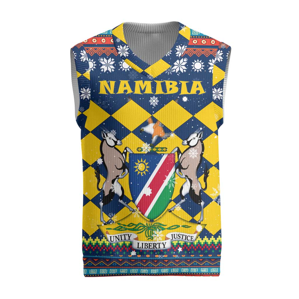 Namibia Christmas Knitted V-Neck Vest with Blue-Yellow Diamond Pattern, Coat of Arms, and Flag Map Motif - Wonder Print Shop