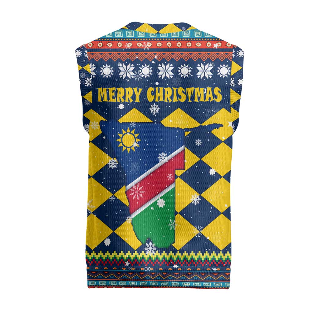 Namibia Christmas Knitted V-Neck Vest with Blue-Yellow Diamond Pattern, Coat of Arms, and Flag Map Motif - Wonder Print Shop