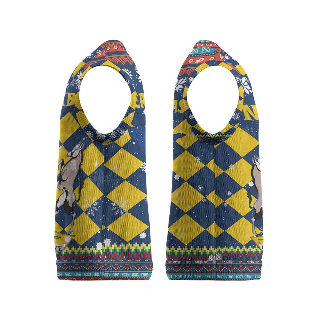 Namibia Christmas Knitted V-Neck Vest with Blue-Yellow Diamond Pattern, Coat of Arms, and Flag Map Motif - Wonder Print Shop