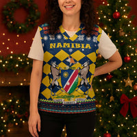 Namibia Christmas Knitted V-Neck Vest with Blue-Yellow Diamond Pattern, Coat of Arms, and Flag Map Motif - Wonder Print Shop
