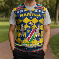 Namibia Christmas Knitted V-Neck Vest with Blue-Yellow Diamond Pattern, Coat of Arms, and Flag Map Motif - Wonder Print Shop