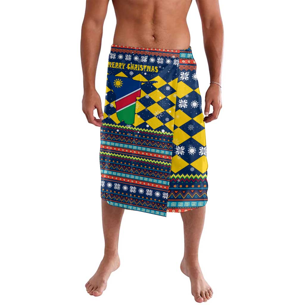 Namibia Christmas Lavalava with Blue-Yellow Diamond Pattern, Coat of Arms, and Flag Map Motif - Wonder Print Shop
