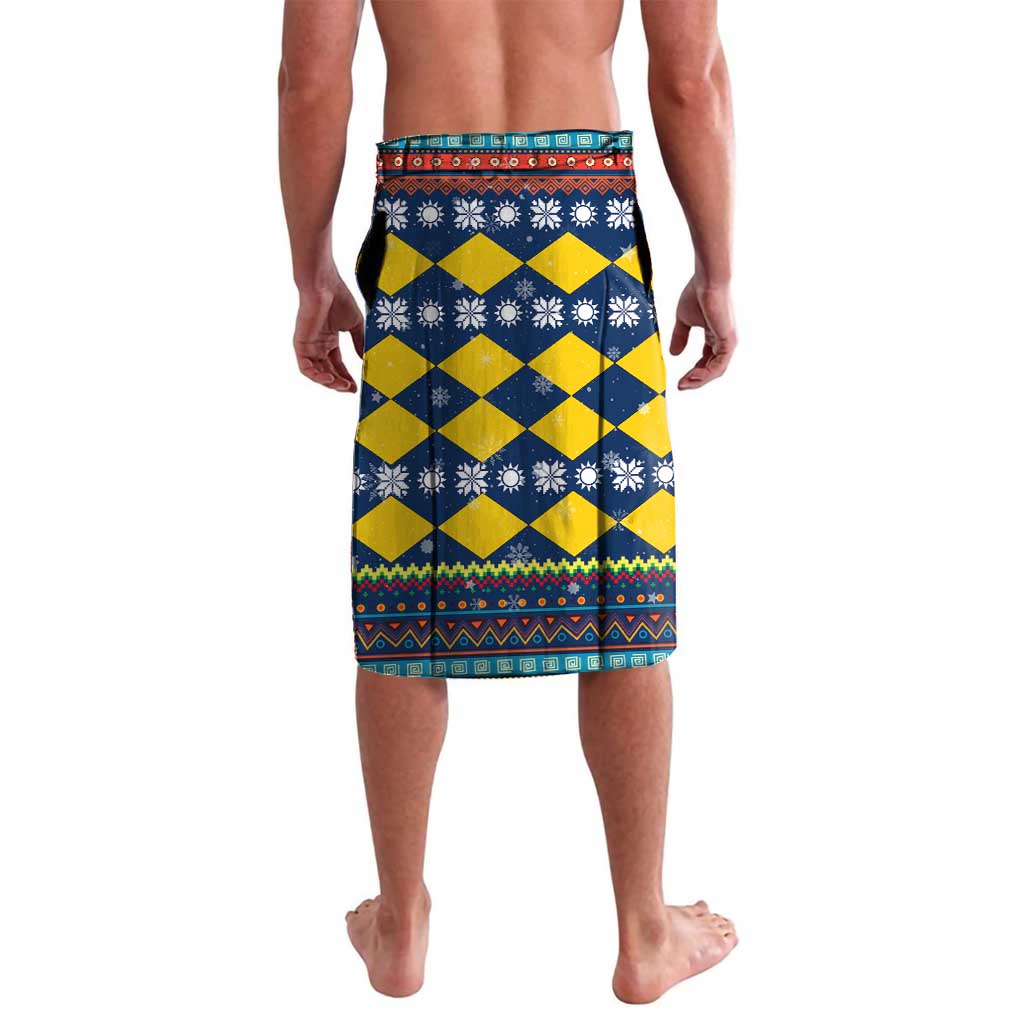 Namibia Christmas Lavalava with Blue-Yellow Diamond Pattern, Coat of Arms, and Flag Map Motif - Wonder Print Shop