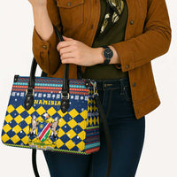 Namibia Christmas Leather Bag with Blue-Yellow Diamond Pattern, Coat of Arms, and Flag Map Motif - Wonder Print Shop