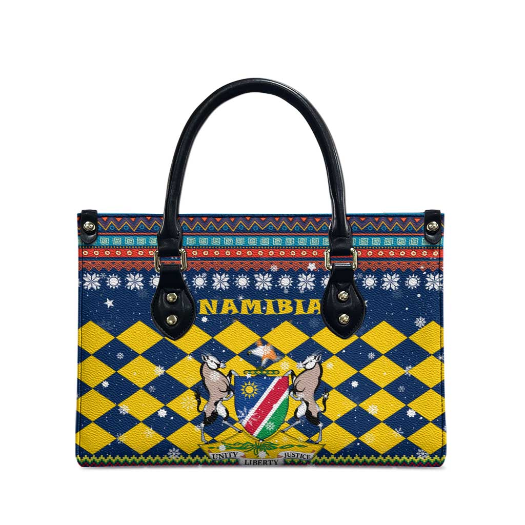 Namibia Christmas Leather Bag with Blue-Yellow Diamond Pattern, Coat of Arms, and Flag Map Motif - Wonder Print Shop