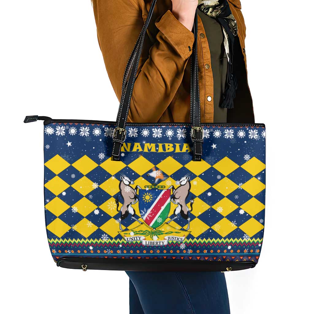 Namibia Christmas Leather Tote Bag with Blue-Yellow Diamond Pattern, Coat of Arms, and Flag Map Motif - Wonder Print Shop