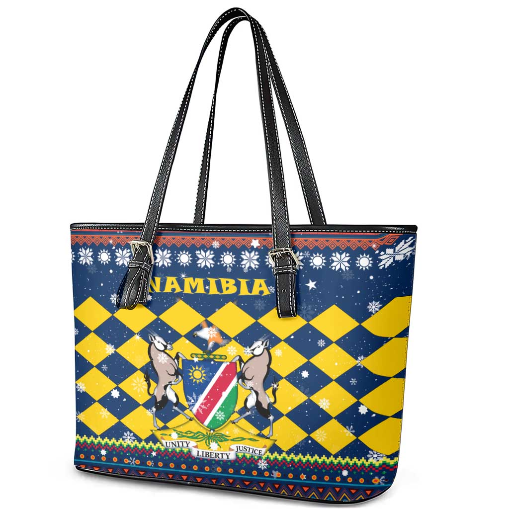 Namibia Christmas Leather Tote Bag with Blue-Yellow Diamond Pattern, Coat of Arms, and Flag Map Motif - Wonder Print Shop