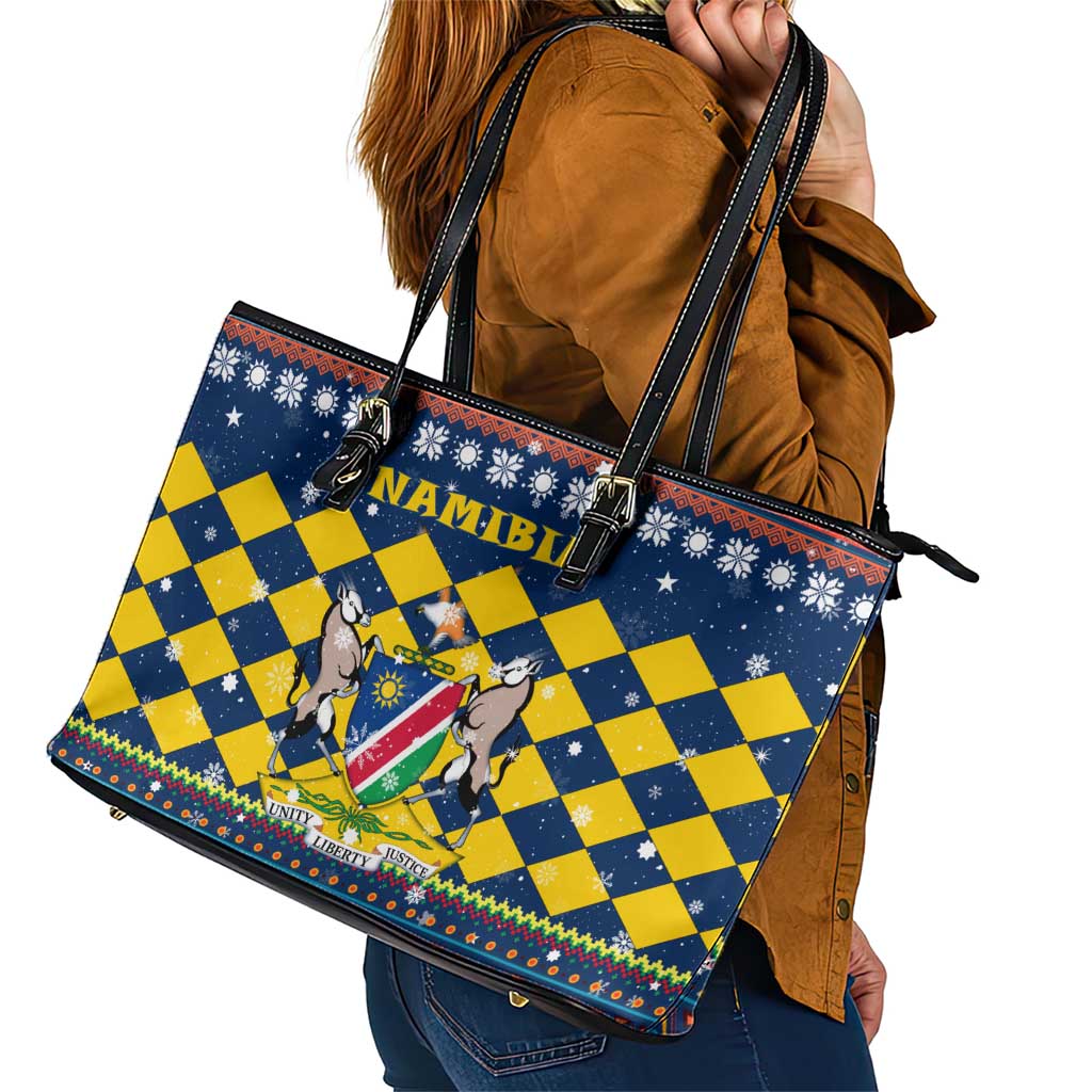 Namibia Christmas Leather Tote Bag with Blue-Yellow Diamond Pattern, Coat of Arms, and Flag Map Motif - Wonder Print Shop