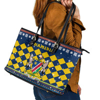 Namibia Christmas Leather Tote Bag with Blue-Yellow Diamond Pattern, Coat of Arms, and Flag Map Motif - Wonder Print Shop