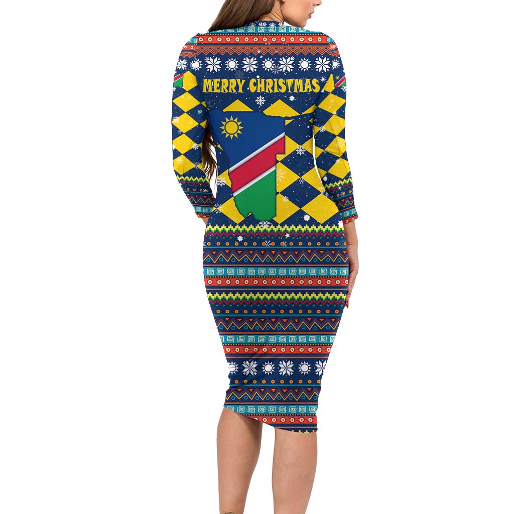 Namibia Christmas Long Sleeve Bodycon Dress with Blue-Yellow Diamond Pattern, Coat of Arms, and Flag Map Motif - Wonder Print Shop