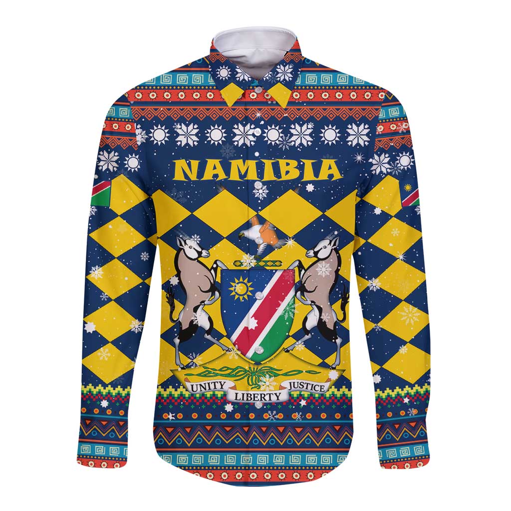 Namibia Christmas Long Sleeve Button Shirt with Blue-Yellow Diamond Pattern, Coat of Arms, and Flag Map Motif - Wonder Print Shop