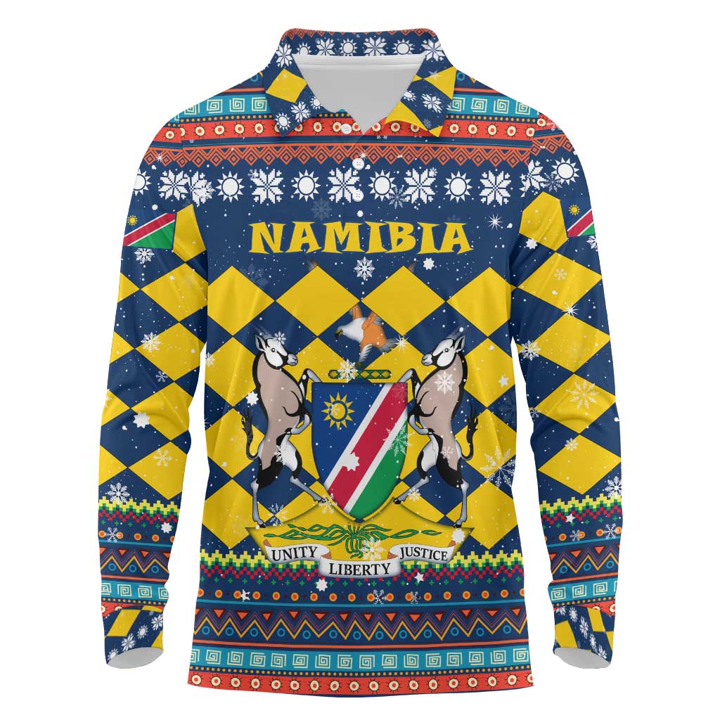 Namibia Christmas Long Sleeve Polo Shirt with Blue-Yellow Diamond Pattern, Coat of Arms, and Flag Map Motif - Wonder Print Shop