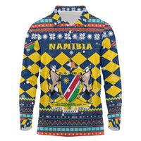 Namibia Christmas Long Sleeve Polo Shirt with Blue-Yellow Diamond Pattern, Coat of Arms, and Flag Map Motif - Wonder Print Shop
