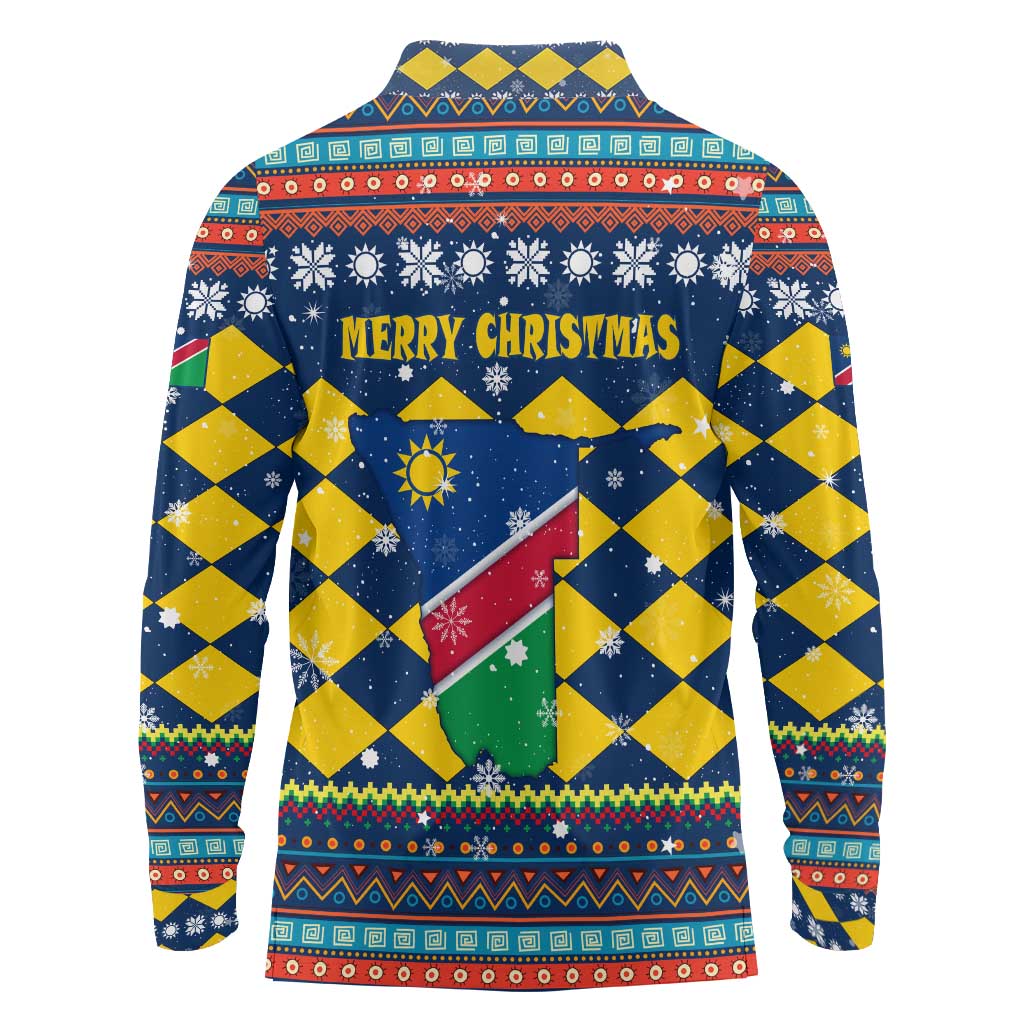 Namibia Christmas Long Sleeve Polo Shirt with Blue-Yellow Diamond Pattern, Coat of Arms, and Flag Map Motif - Wonder Print Shop