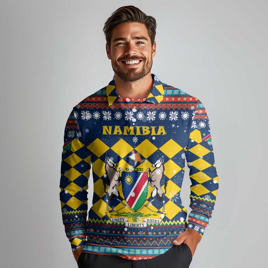 Namibia Christmas Long Sleeve Polo Shirt with Blue-Yellow Diamond Pattern, Coat of Arms, and Flag Map Motif - Wonder Print Shop
