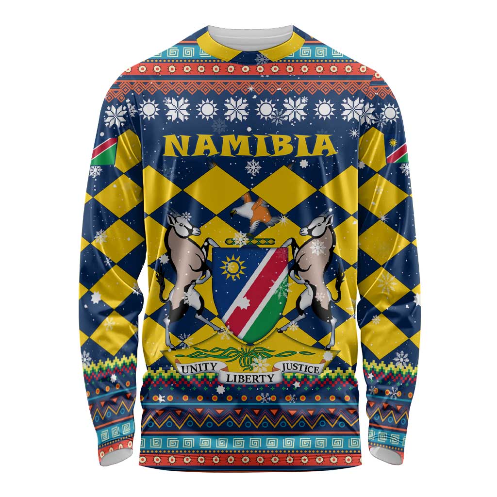 Namibia Christmas Long Sleeve Shirt with Blue-Yellow Diamond Pattern, Coat of Arms, and Flag Map Motif - Wonder Print Shop