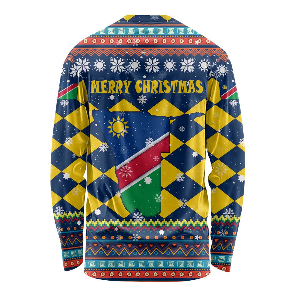 Namibia Christmas Long Sleeve Shirt with Blue-Yellow Diamond Pattern, Coat of Arms, and Flag Map Motif - Wonder Print Shop