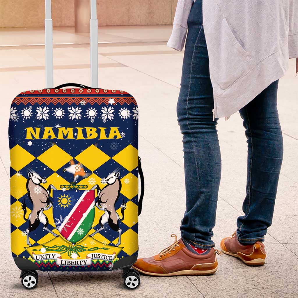 Namibia Christmas Luggage Cover with Blue-Yellow Diamond Pattern, Coat of Arms, and Flag Map Motif - Wonder Print Shop