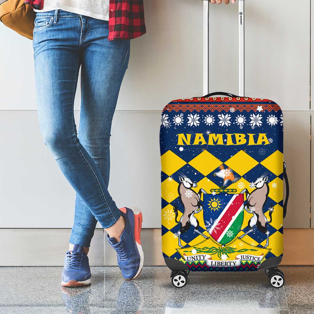 Namibia Christmas Luggage Cover with Blue-Yellow Diamond Pattern, Coat of Arms, and Flag Map Motif - Wonder Print Shop