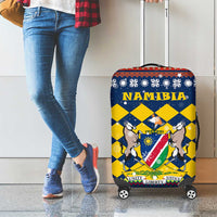 Namibia Christmas Luggage Cover with Blue-Yellow Diamond Pattern, Coat of Arms, and Flag Map Motif - Wonder Print Shop
