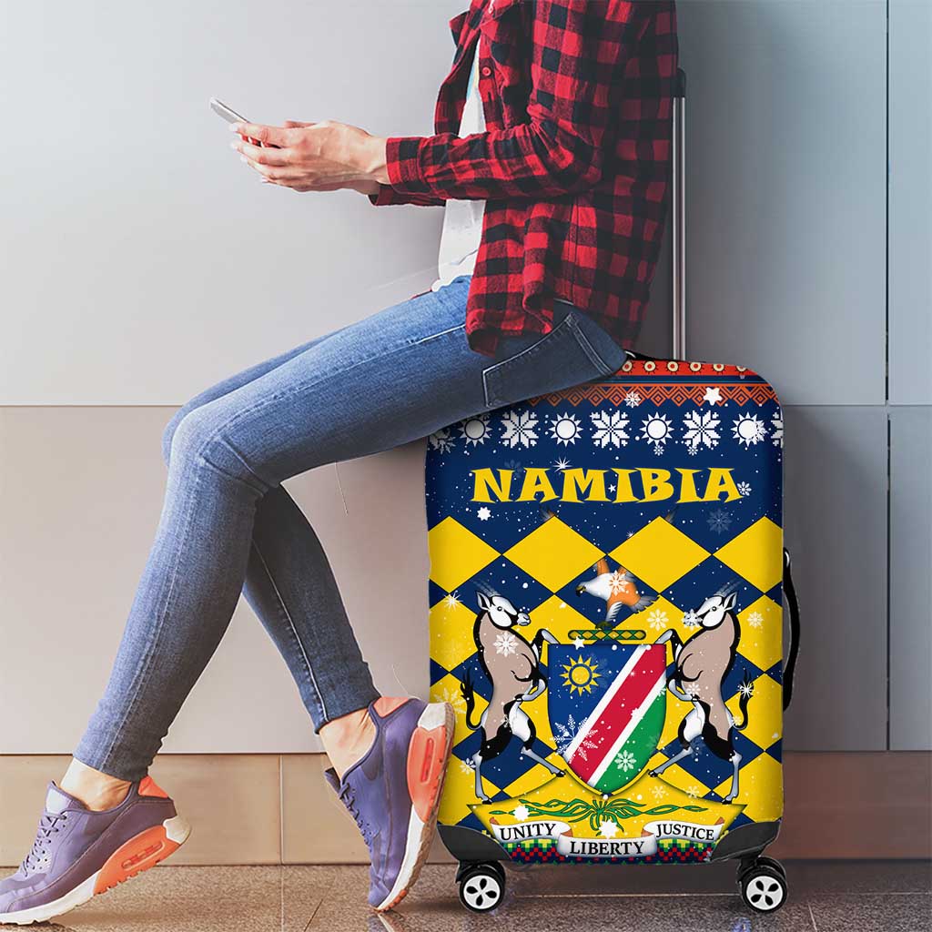 Namibia Christmas Luggage Cover with Blue-Yellow Diamond Pattern, Coat of Arms, and Flag Map Motif - Wonder Print Shop