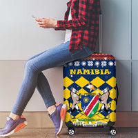 Namibia Christmas Luggage Cover with Blue-Yellow Diamond Pattern, Coat of Arms, and Flag Map Motif - Wonder Print Shop
