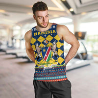 Namibia Christmas Men Tank Top with Blue-Yellow Diamond Pattern, Coat of Arms, and Flag Map Motif - Wonder Print Shop
