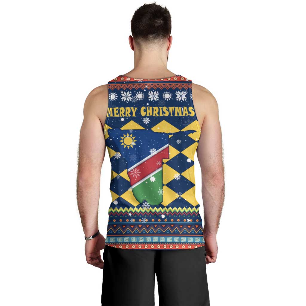 Namibia Christmas Men Tank Top with Blue-Yellow Diamond Pattern, Coat of Arms, and Flag Map Motif - Wonder Print Shop