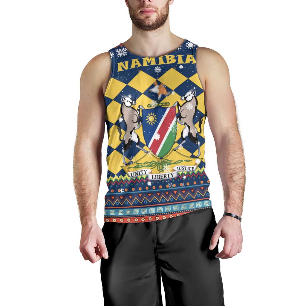 Namibia Christmas Men Tank Top with Blue-Yellow Diamond Pattern, Coat of Arms, and Flag Map Motif - Wonder Print Shop