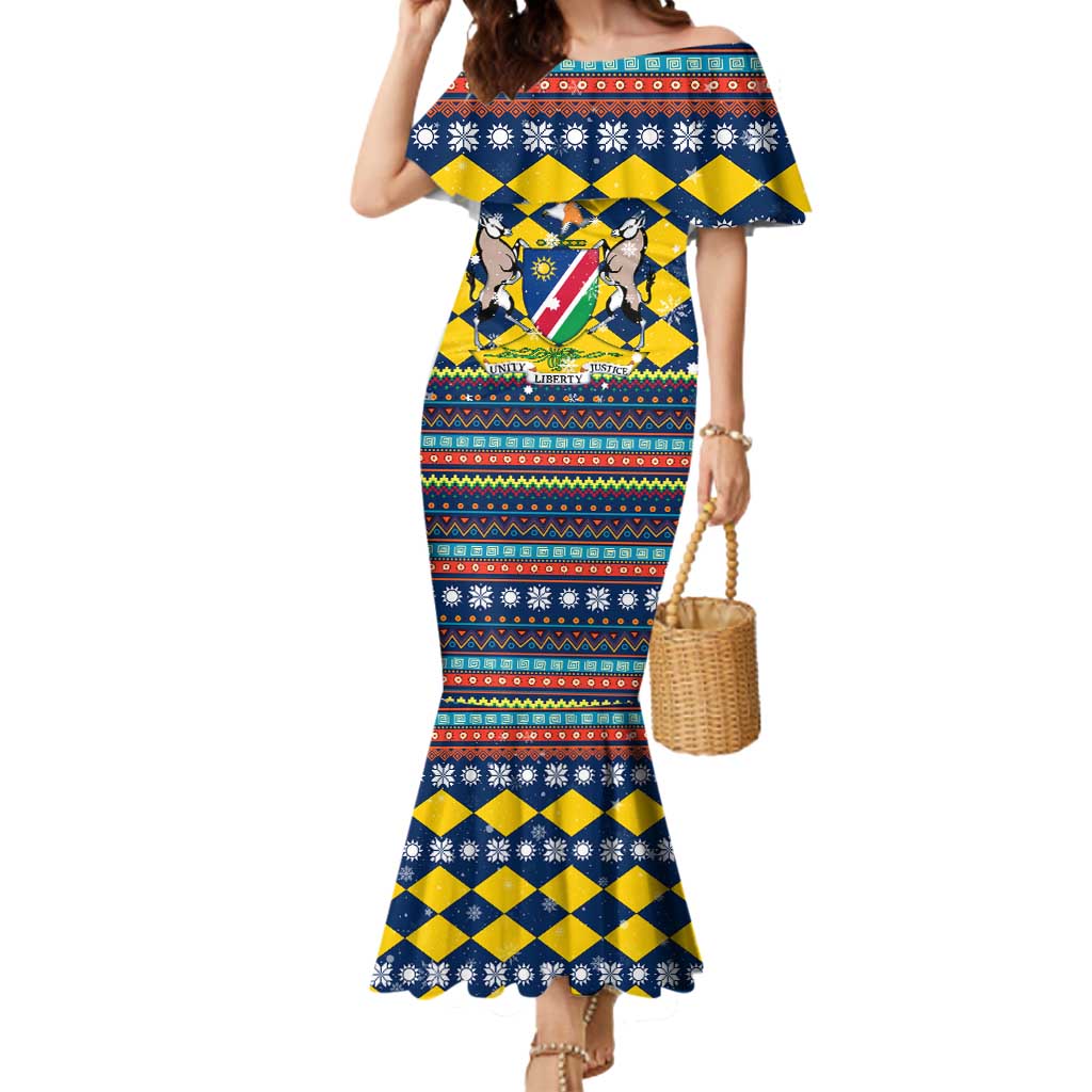 Namibia Christmas Mermaid Dress with Blue-Yellow Diamond Pattern, Coat of Arms, and Flag Map Motif - Wonder Print Shop