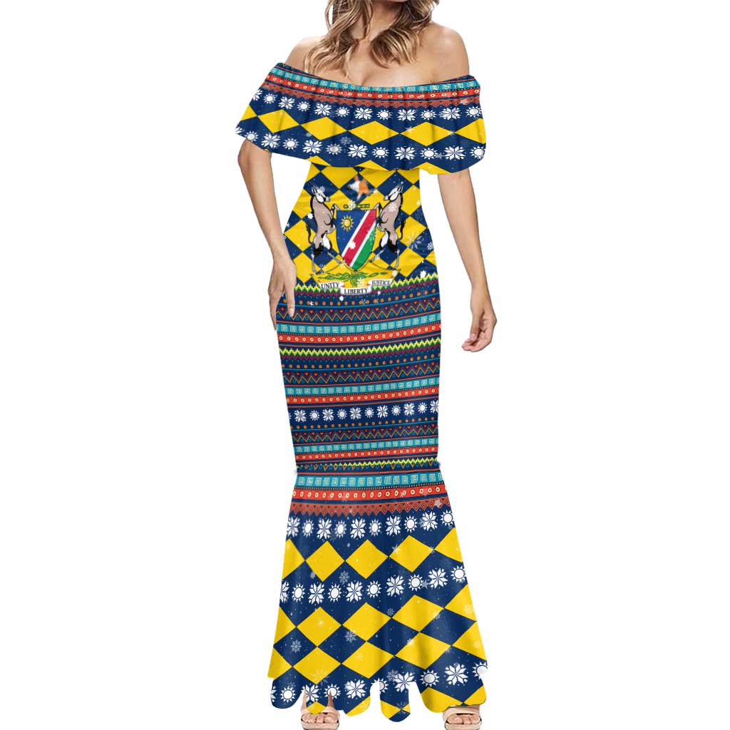 Namibia Christmas Mermaid Dress with Blue-Yellow Diamond Pattern, Coat of Arms, and Flag Map Motif - Wonder Print Shop