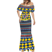 Namibia Christmas Mermaid Dress with Blue-Yellow Diamond Pattern, Coat of Arms, and Flag Map Motif - Wonder Print Shop