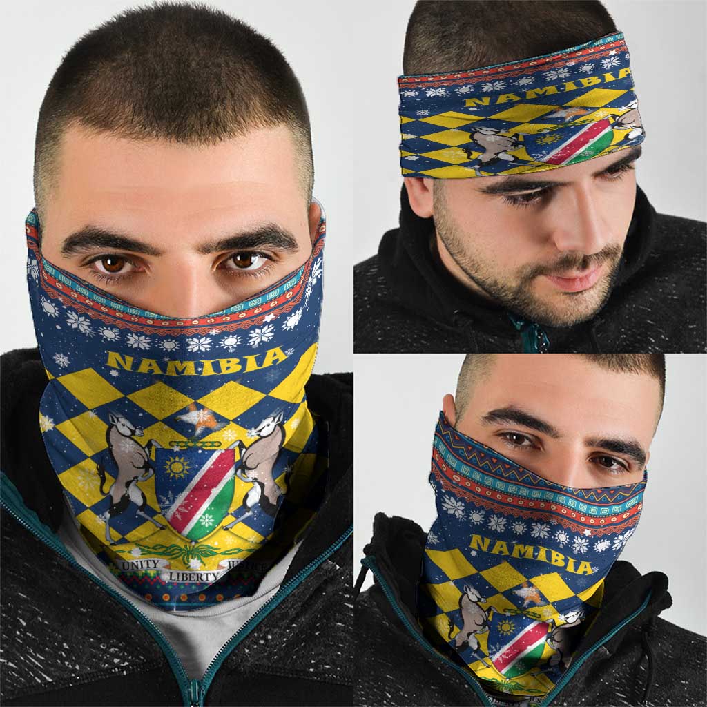 Namibia Christmas Neck Gaiter with Blue-Yellow Diamond Pattern, Coat of Arms, and Flag Map Motif - Wonder Print Shop