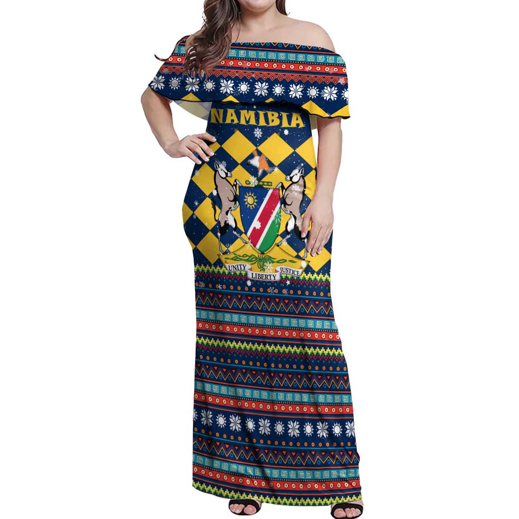 Namibia Christmas Off Shoulder Maxi Dress with Blue-Yellow Diamond Pattern, Coat of Arms, and Flag Map Motif - Wonder Print Shop