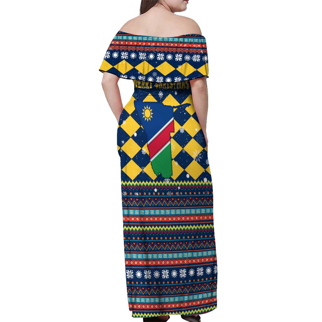 Namibia Christmas Off Shoulder Maxi Dress with Blue-Yellow Diamond Pattern, Coat of Arms, and Flag Map Motif - Wonder Print Shop