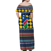 Namibia Christmas Off Shoulder Maxi Dress with Blue-Yellow Diamond Pattern, Coat of Arms, and Flag Map Motif - Wonder Print Shop