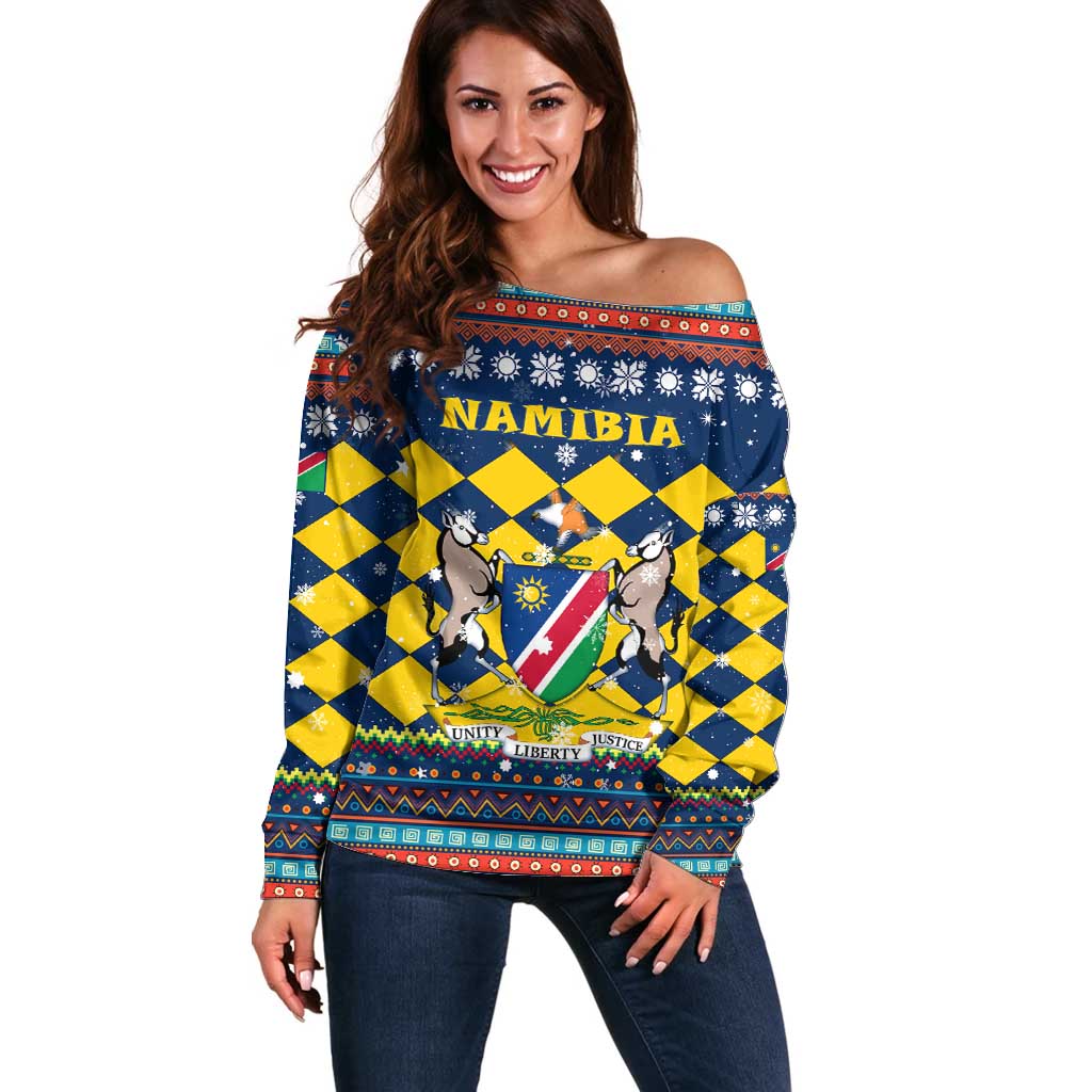 Namibia Christmas Off Shoulder Sweater with Blue-Yellow Diamond Pattern, Coat of Arms, and Flag Map Motif - Wonder Print Shop